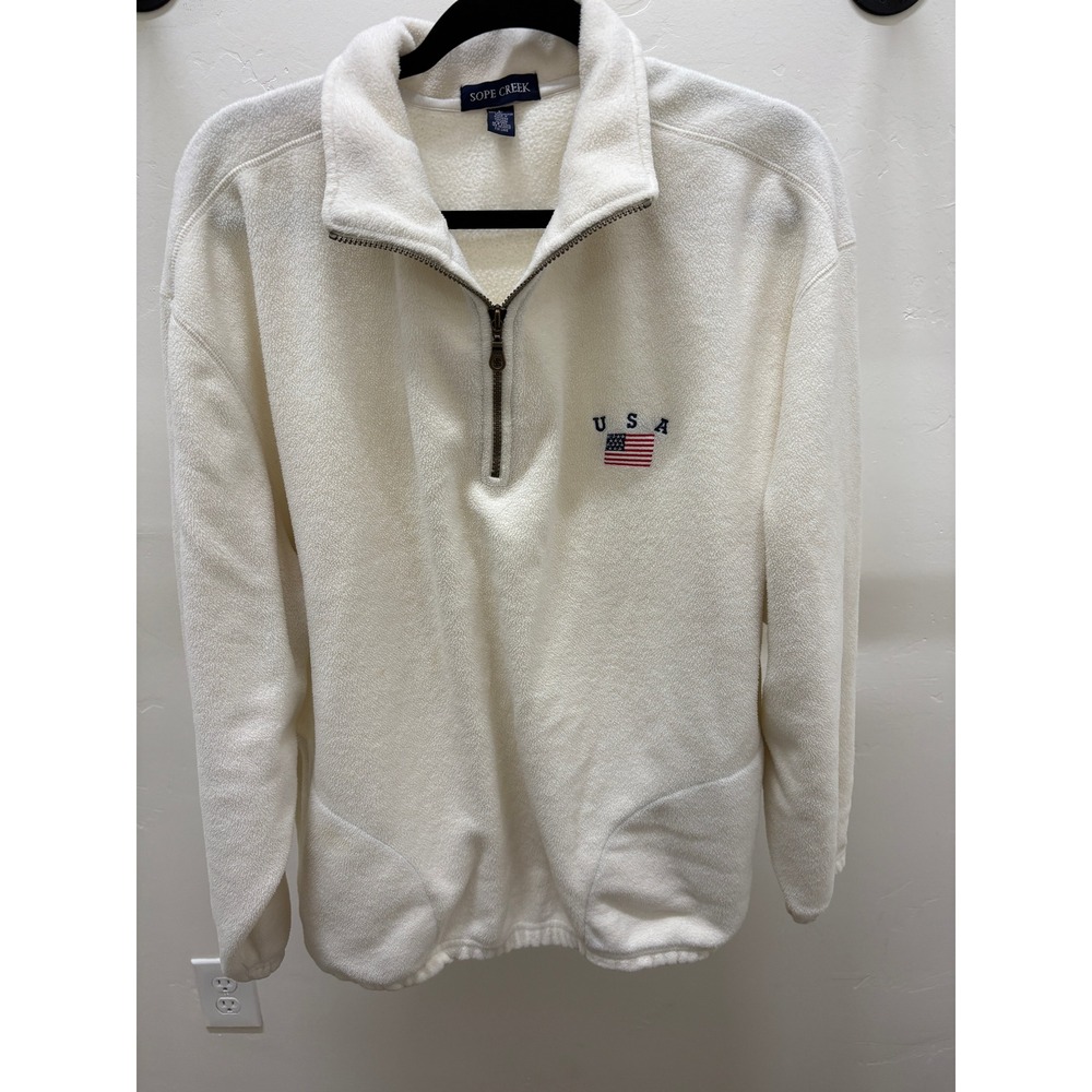 Sope Creek Vintage‎ USA Flag Fleece Quarter Zip Pullover Mens Large Cream White